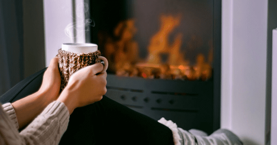 Getting cozy by the fireplace